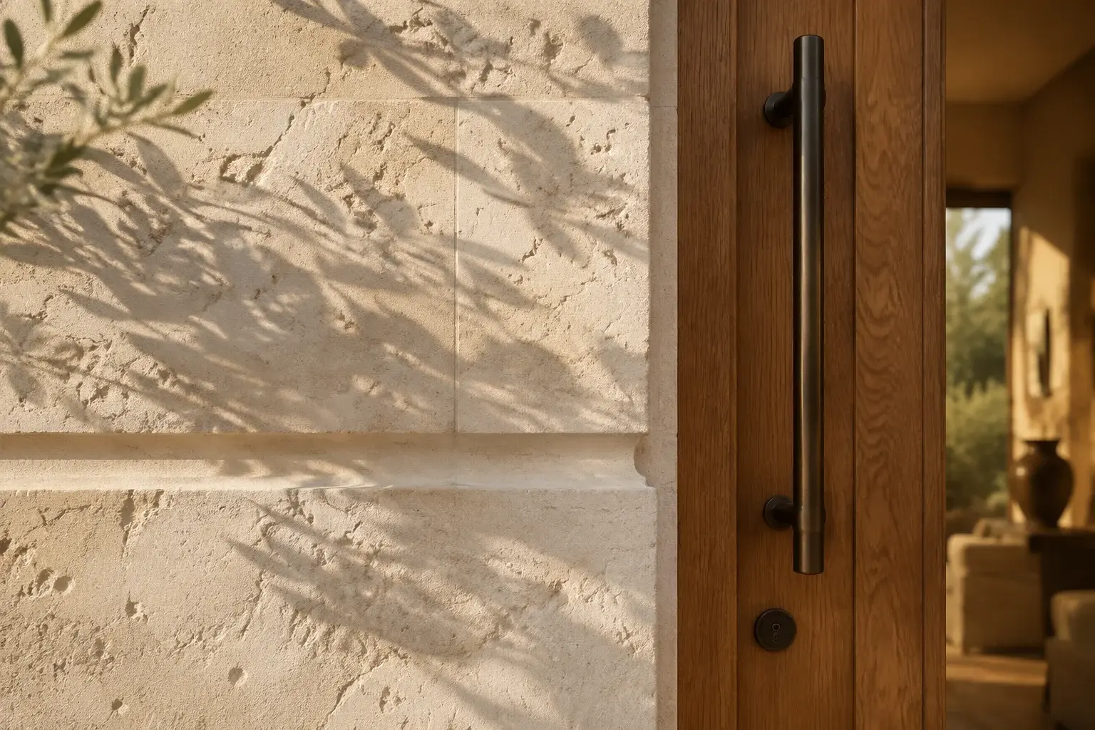 AI-generated material study of limestone and warm timber