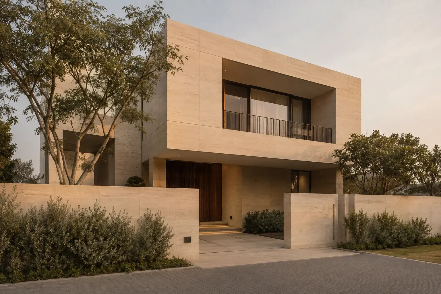 AI concept of a minimal pale stone residence with recessed terraces and dark bronze windows