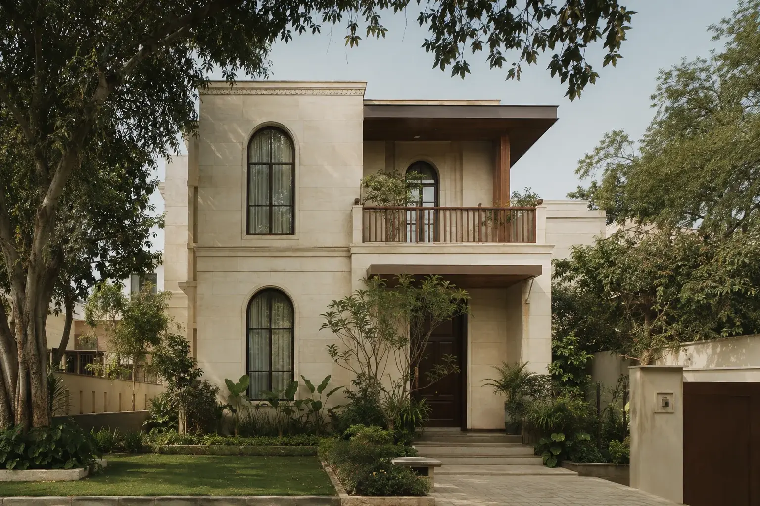 AI concept of a cream limestone family home with tall arches and a timber balcony